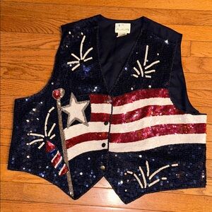 Quacker Factory Women’s Sequin Flag USA Patriotic Waistcoat Vest 2X Snap July 4